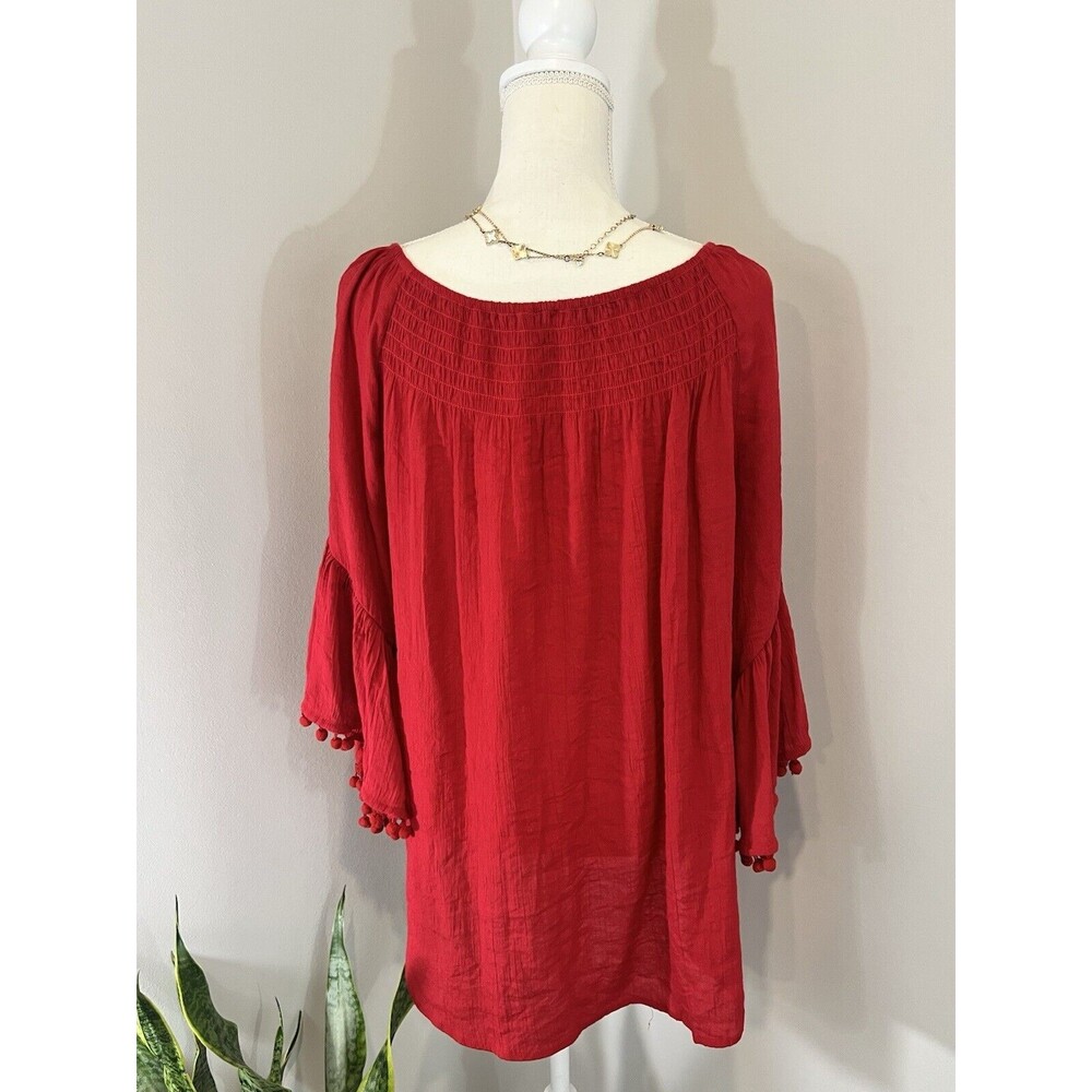 Women Top Shirt Size Large Pom Pom Bell Sleeves Red Feminine - Picture 3 of 3